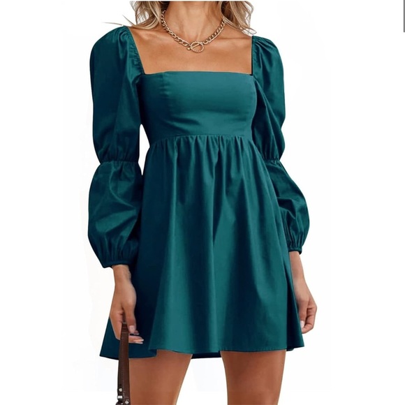 Dresses & Skirts - Women's Fall Long Puff Sleeve Babydoll Dress Casual Square Neck Elastic Waist XL